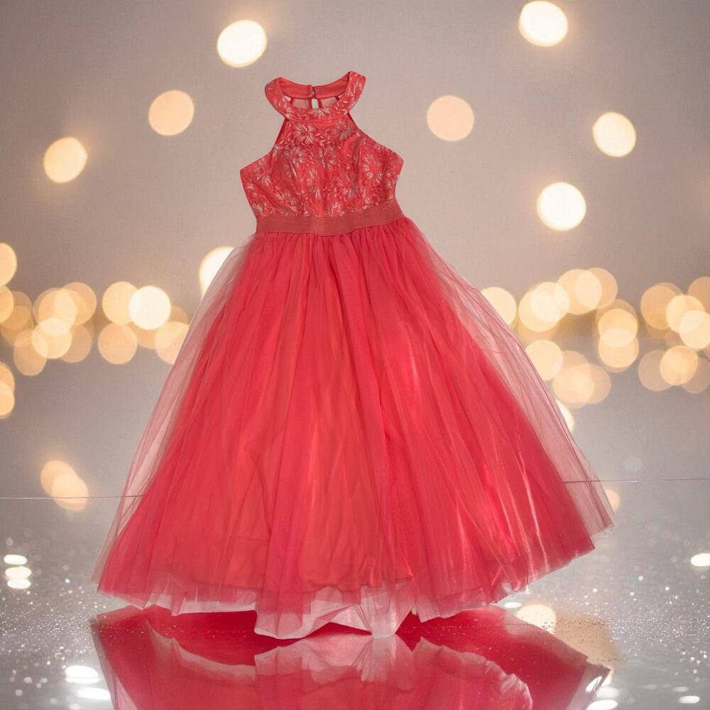 👗 Teeze Me Coral Pink Lace Halter Tulle Dress Size XS/S Prom Formal
